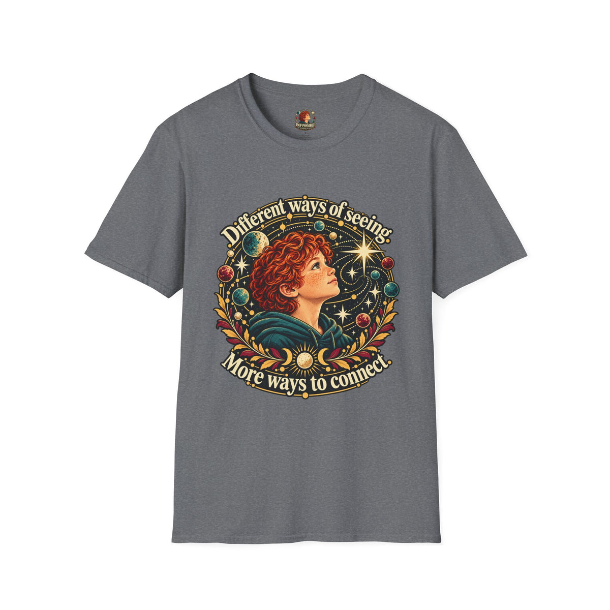 Dark Heather Gildan Softstyle 64000 T-shirt front view with the celestial child design.