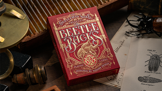 Beetle Backs Crimson Edition playing cards tuck box with red and gold beetle design