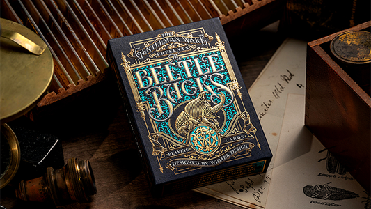 Beetle Backs Cobalt Edition playing cards tuck box with blue and gold beetle design