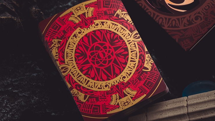 Atlantis Fire Playing Cards tuck box with intricate red flame emblem and ornate Atlantis-style border design