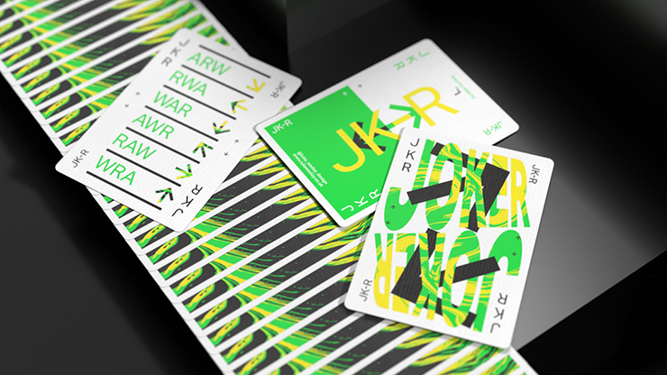 ARW V4 Playing Cards spread with custom card faces and neon geometric cardistry design