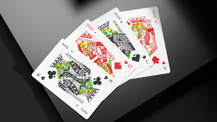 ARW V4 Playing Cards custom court card faces with neon geometric accents displayed on a dark reflective surface