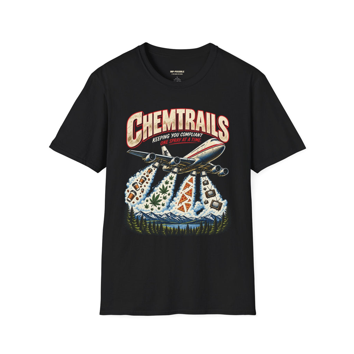 Front view of the black CHEMTRAILS graphic T-shirt