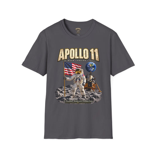 Apollo 11 conspiracy parody graphic T-shirt product mockup