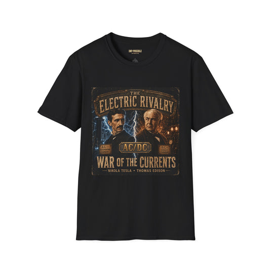 Black Tesla vs. Edison War of the Currents T-shirt, front view