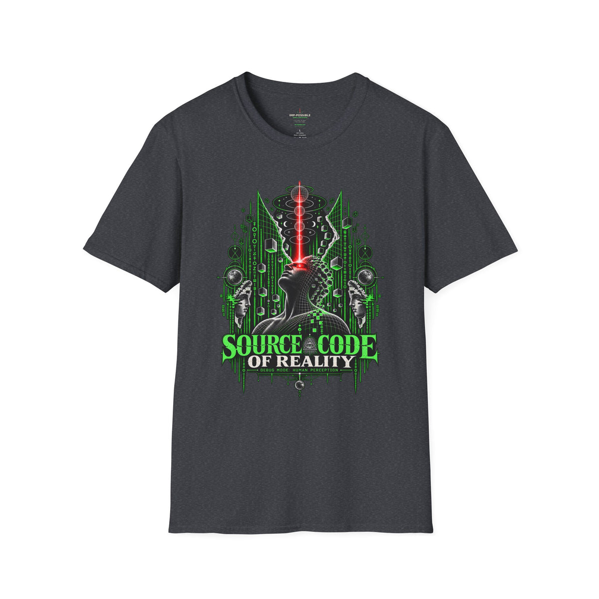 Front view of the dark heather Source Code of Reality T-shirt with a green simulation-themed graphic.