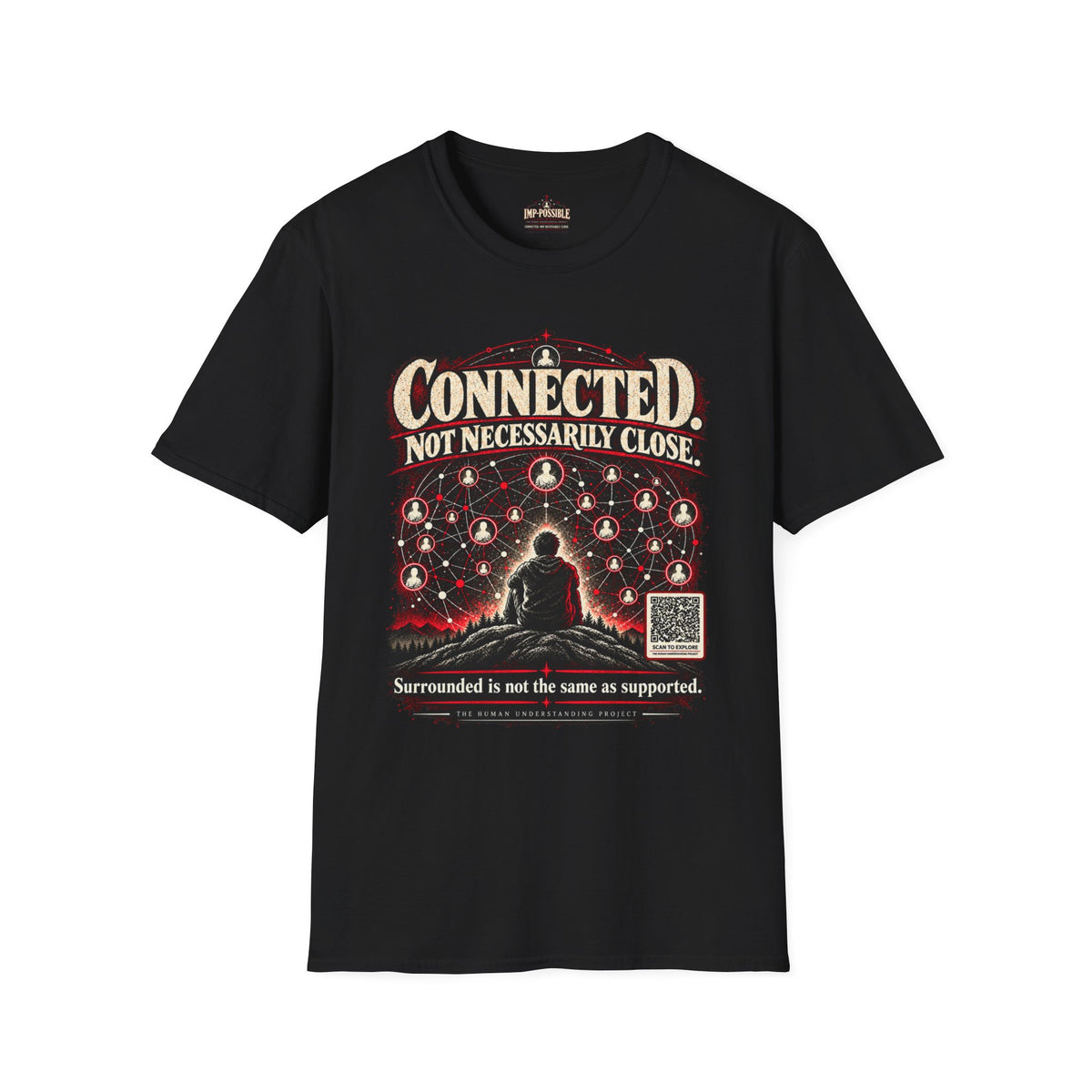 Connected. Not Necessarily Close. black Gildan 64000 T-shirt, front artwork of solitary figure among social-network connections.