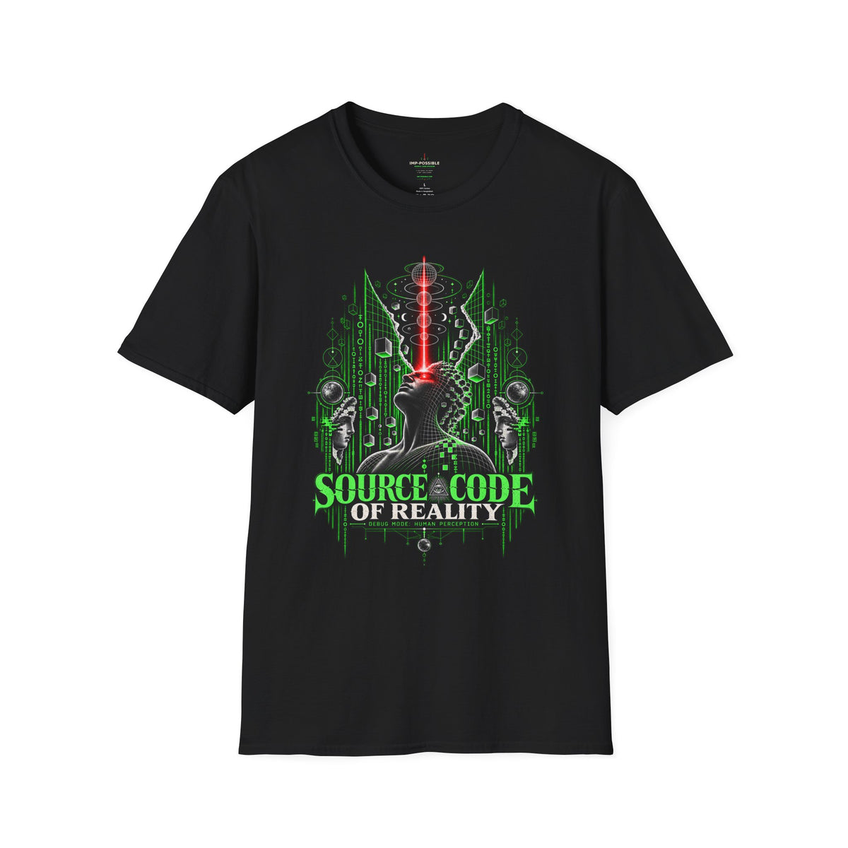 Front view of the black Source Code of Reality T-shirt with a green simulation-themed graphic.