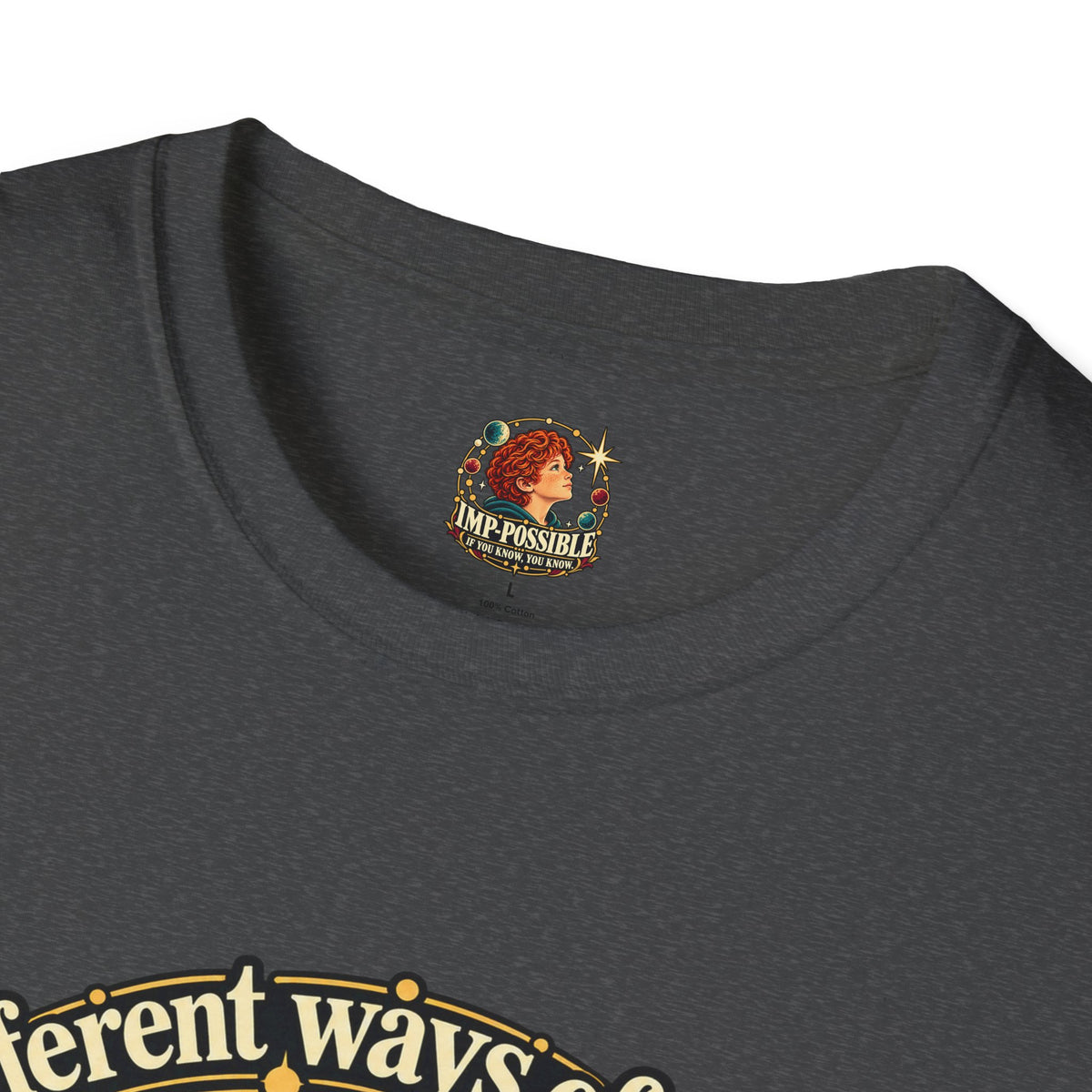 Close-up of the Different Ways of Seeing shirt artwork and lettering.