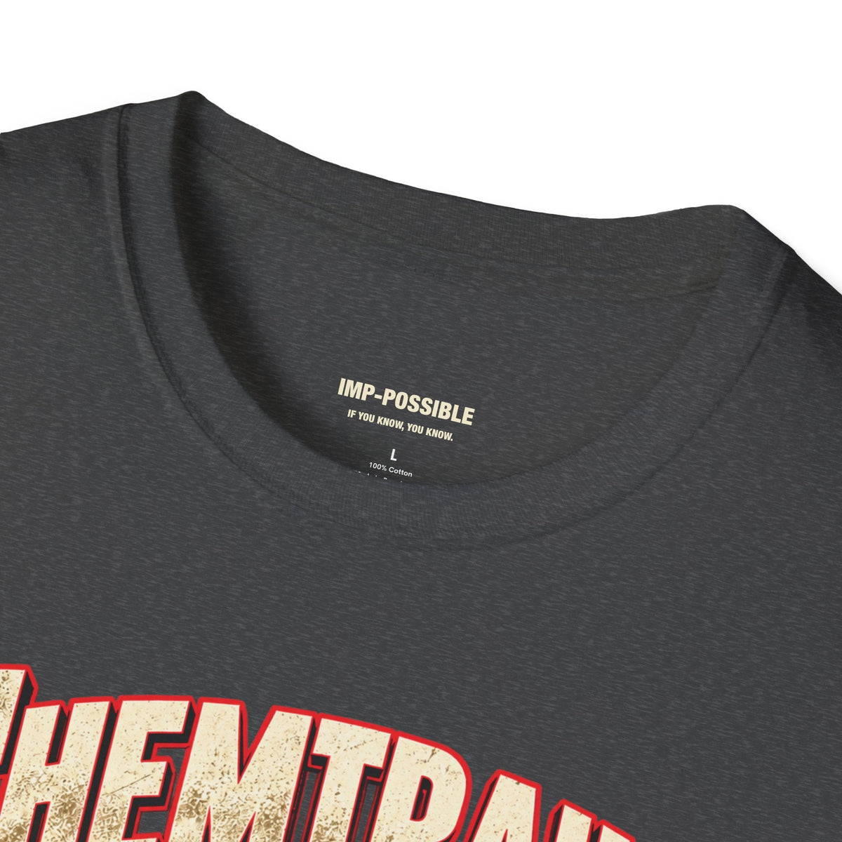 IMP-POSSIBLE inner neck print on the dark heather shirt