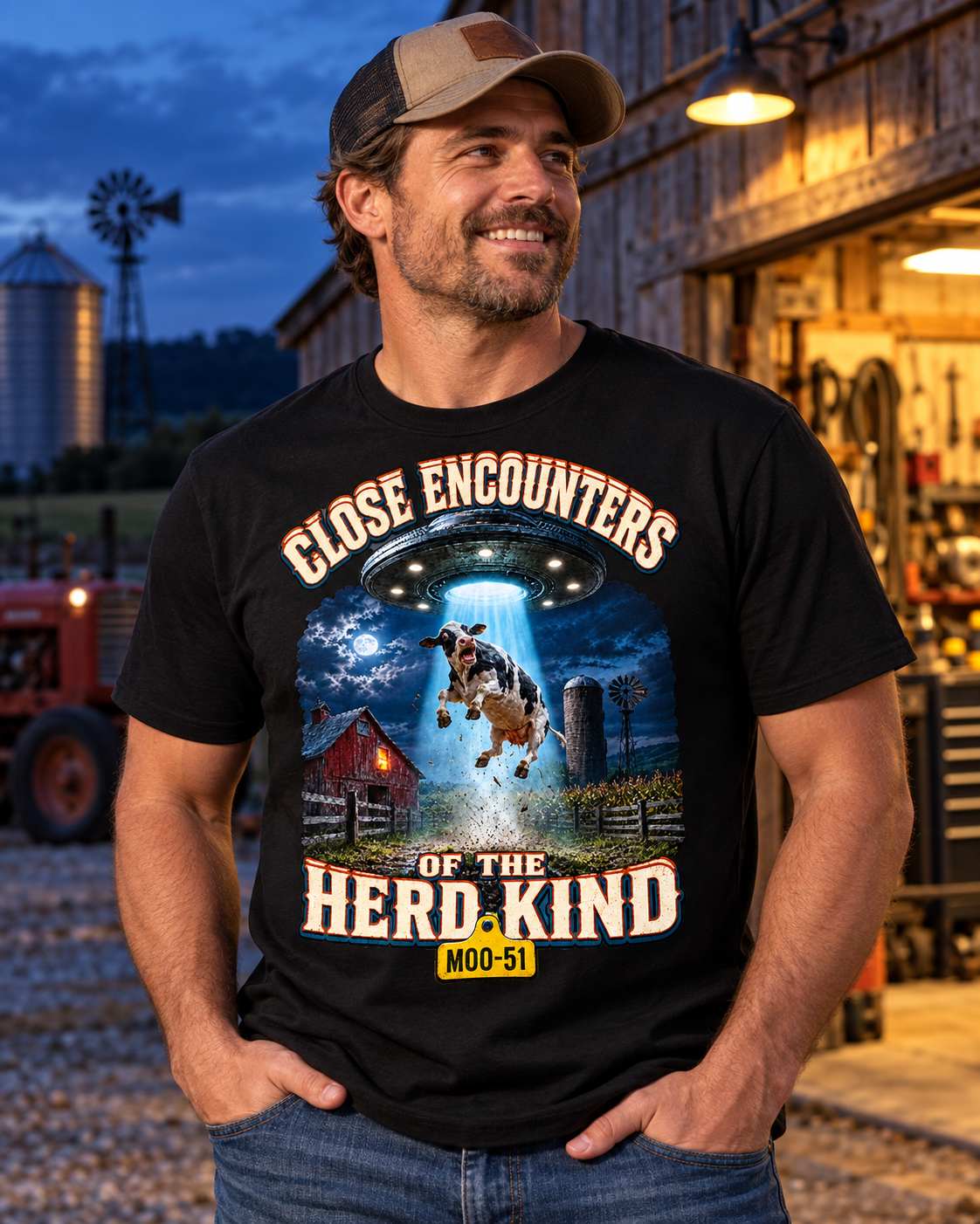 Man wearing the Close Encounters of the Herd Kind UFO cow T-shirt at a farm workshop