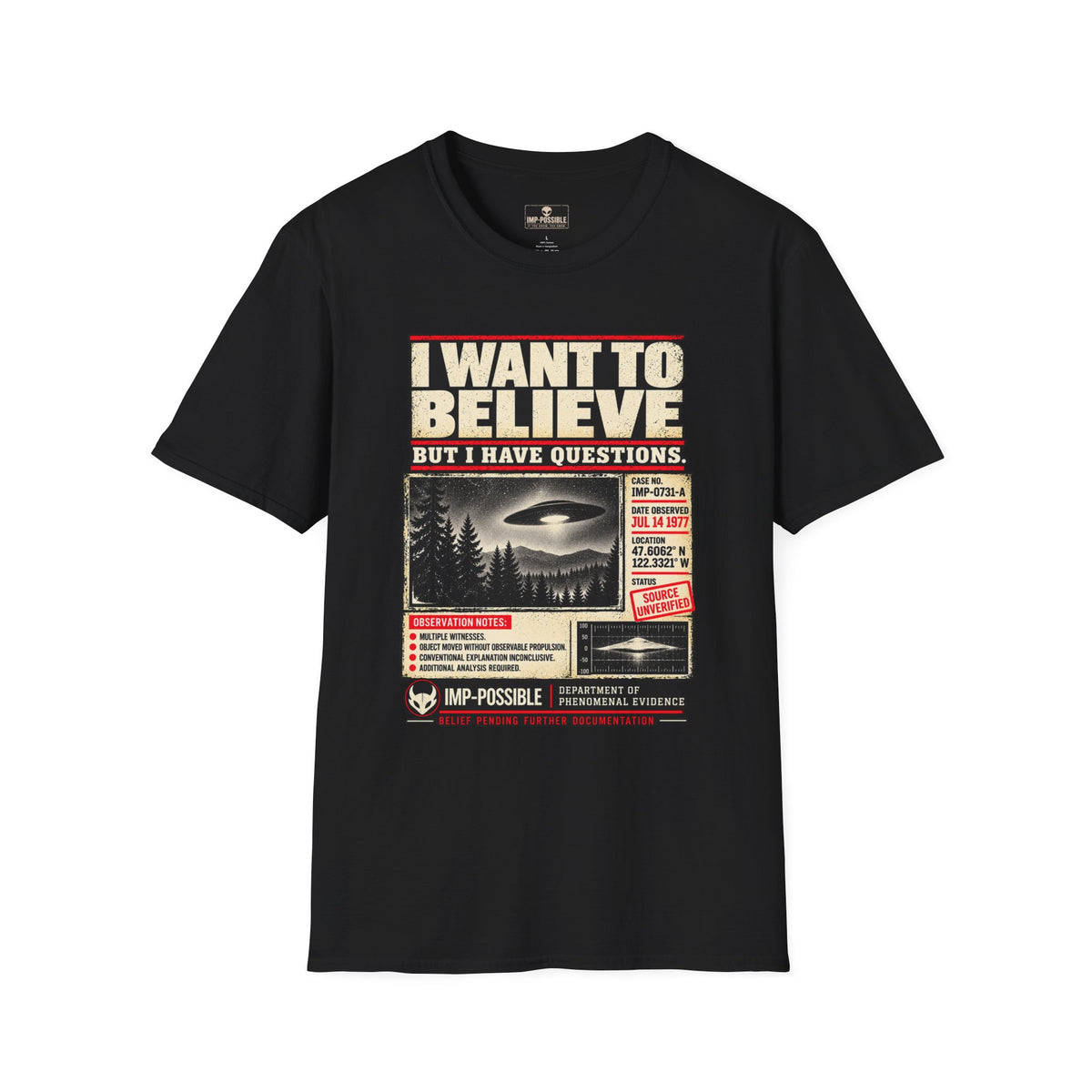 Actual Printify front mockup of the I Want to Believe UFO T-shirt in Black
