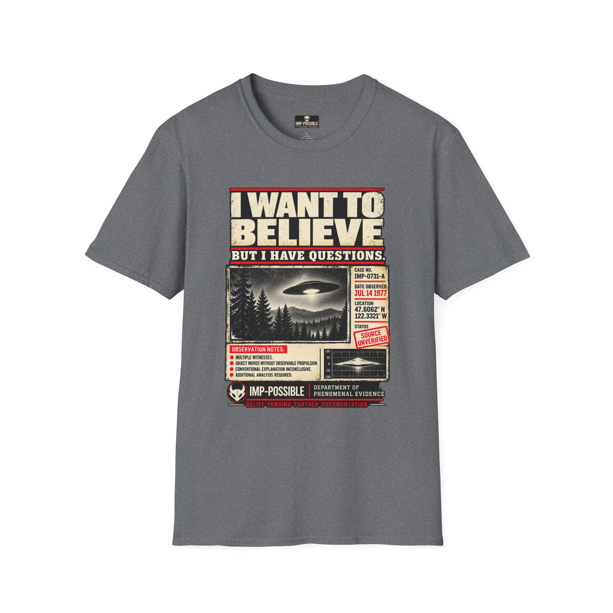 Actual Printify front mockup of the I Want to Believe UFO T-shirt in Graphite Heather