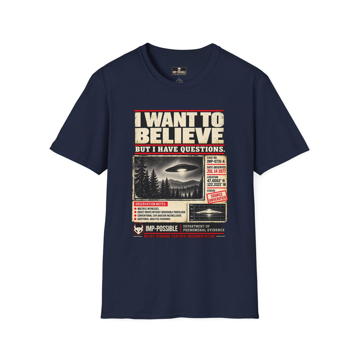 Actual Printify front mockup of the I Want to Believe UFO T-shirt in Navy