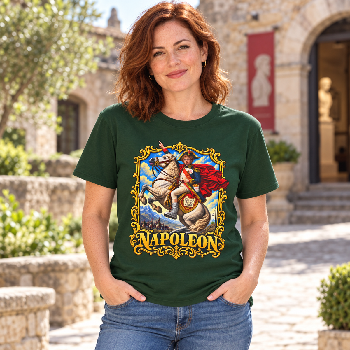 Lifestyle mockup of a woman wearing the Forest Green Napoleon historical parody T-shirt in a historic courtyard.