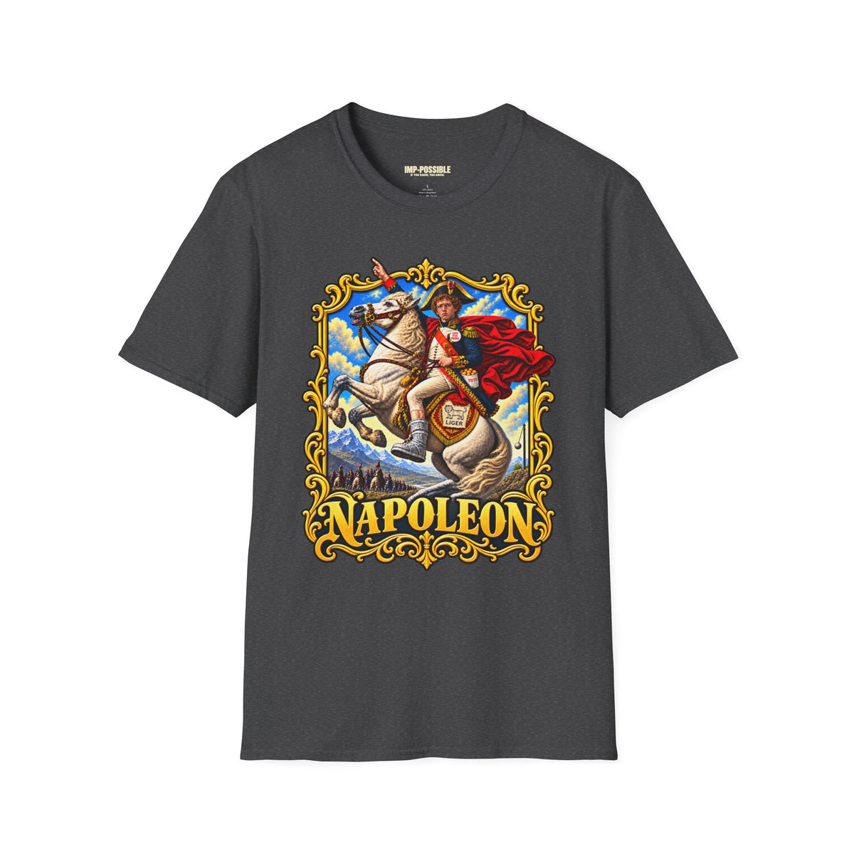 Actual Printify front view of the Napoleon historical parody T-shirt in Dark Heather.