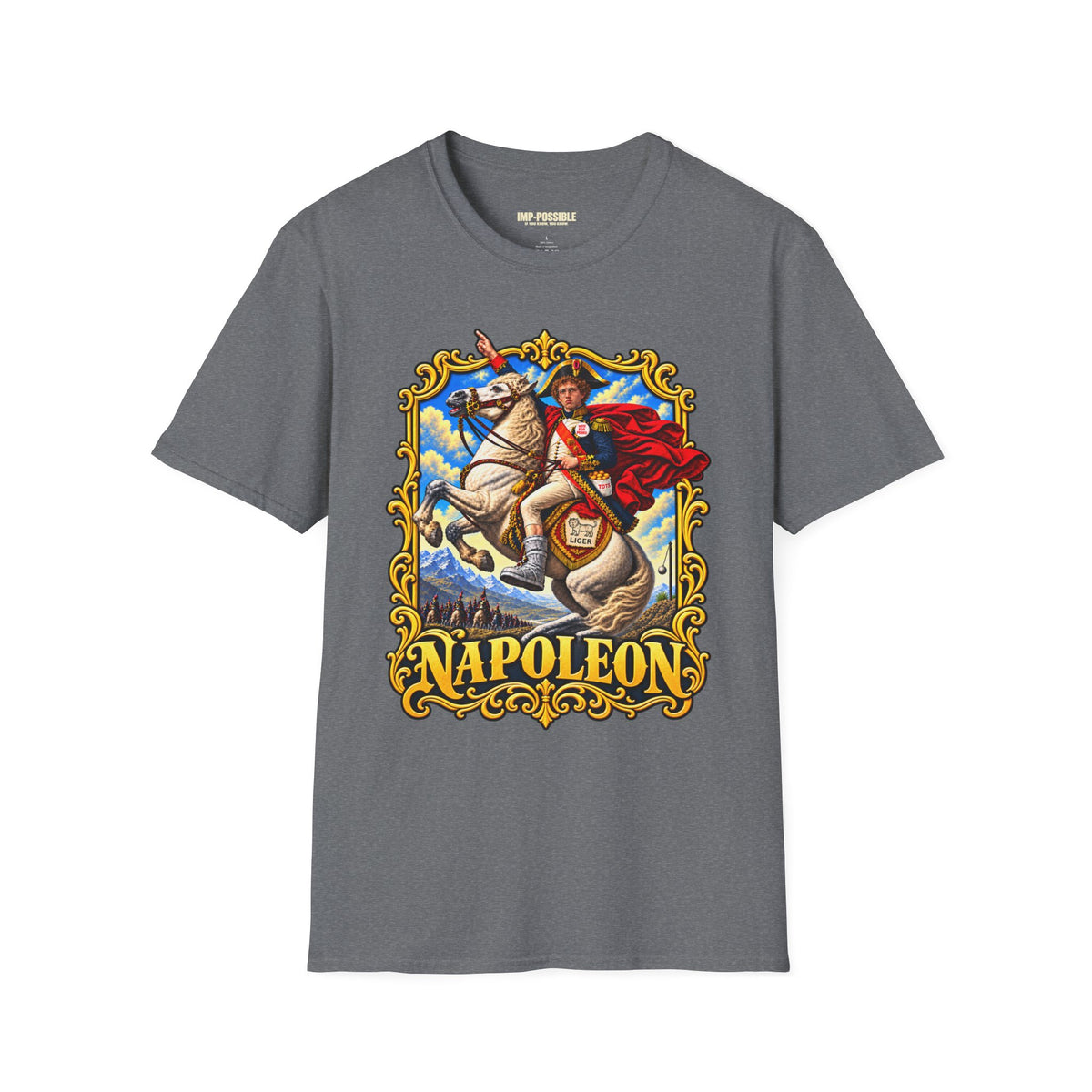 Actual Printify front view of the Napoleon historical parody T-shirt in Graphite Heather.