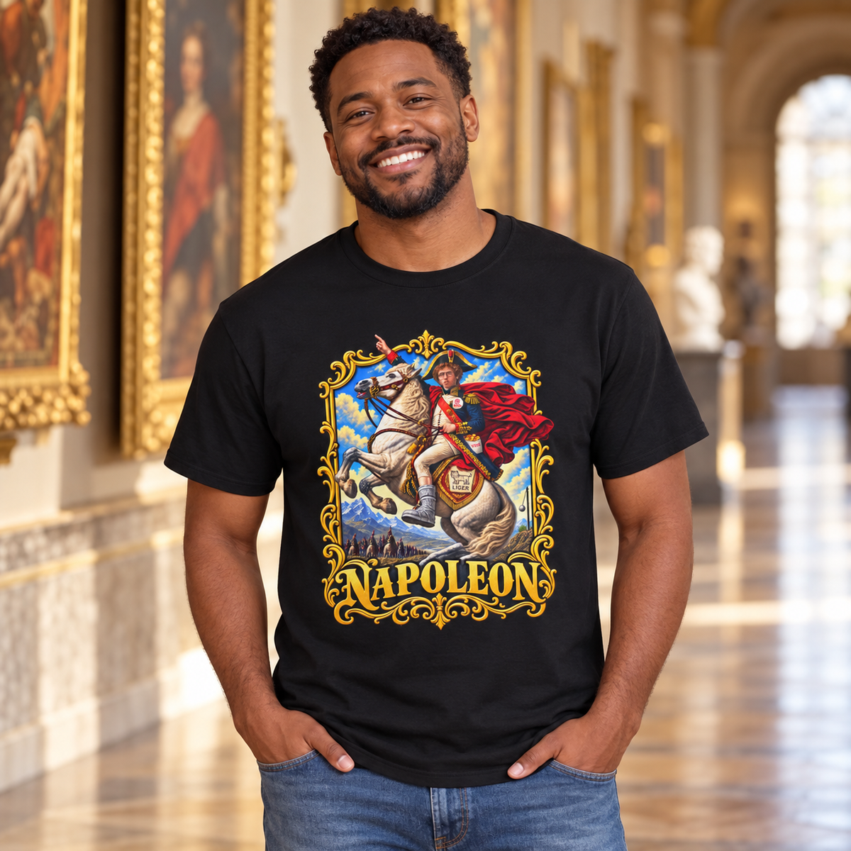 Lifestyle mockup of a man wearing the black Napoleon historical parody T-shirt in an art museum.