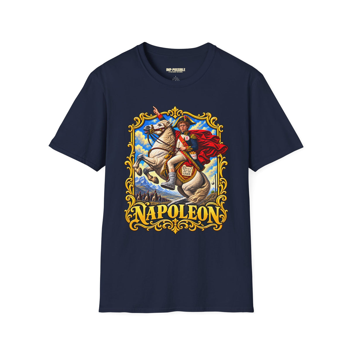 Actual Printify front view of the Napoleon historical parody T-shirt in Navy.