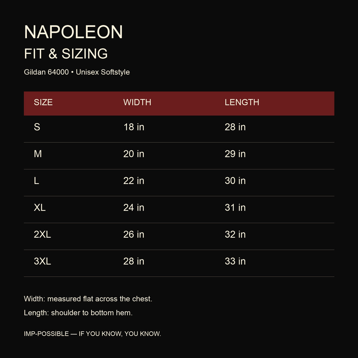 Napoleon Gildan 64000 size guide: flat chest width and garment length in inches, sizes S through 3XL.