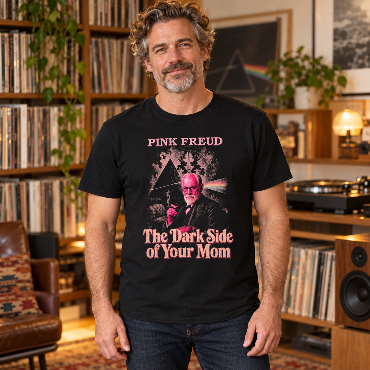 Lifestyle mockup of a man wearing the black Pink Freud T-shirt in a vintage vinyl listening room.