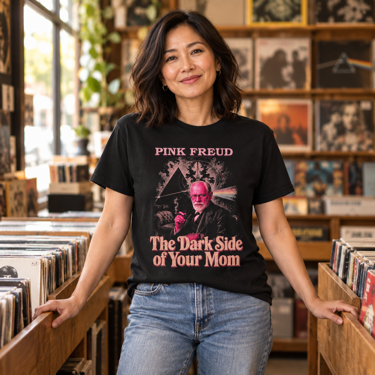 Lifestyle mockup of a woman wearing the black Pink Freud T-shirt in a vintage record shop.
