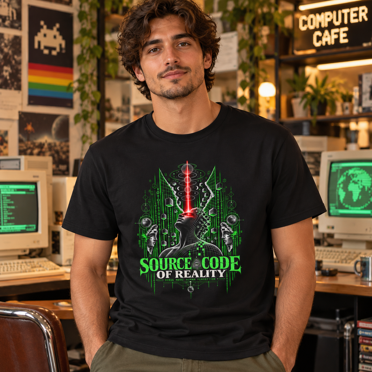 A man wearing the black Source Code of Reality T-shirt in a computer cafe.