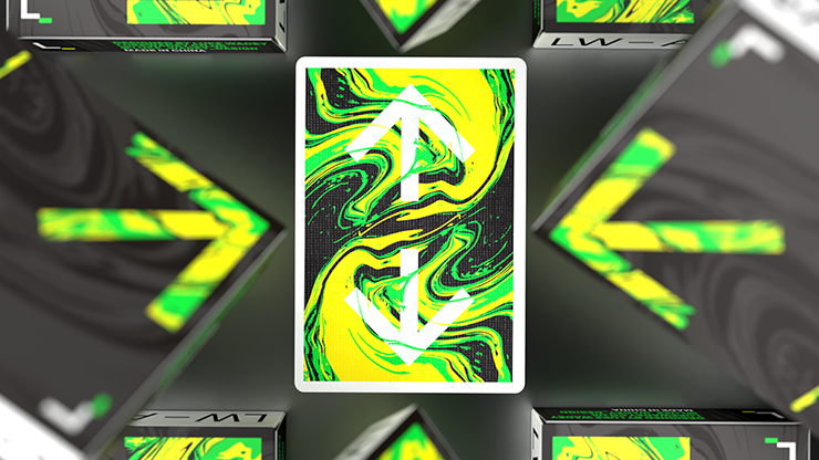 ARW V4 Playing Cards tuck box and back design with neon green and yellow geometric arrows