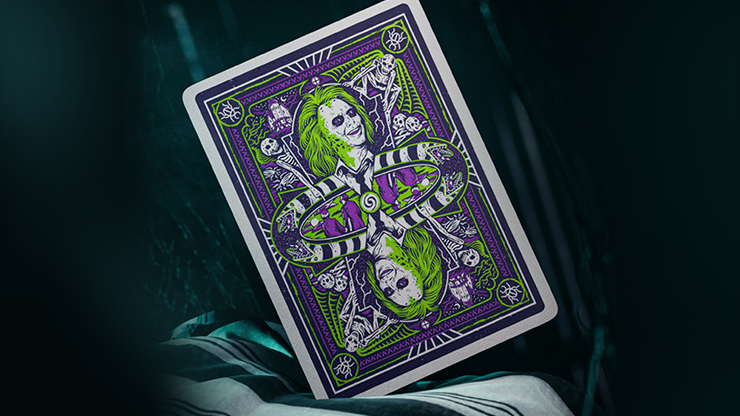 Beetlejuice playing cards by theory11 custom court card design with green and purple artwork from the premium collector deck