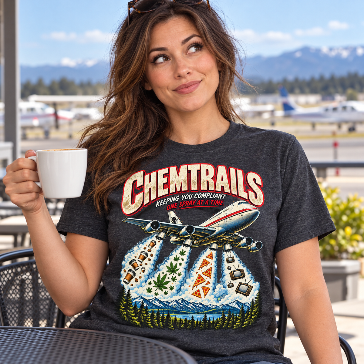 Woman wearing the dark heather CHEMTRAILS graphic shirt at an airfield cafe