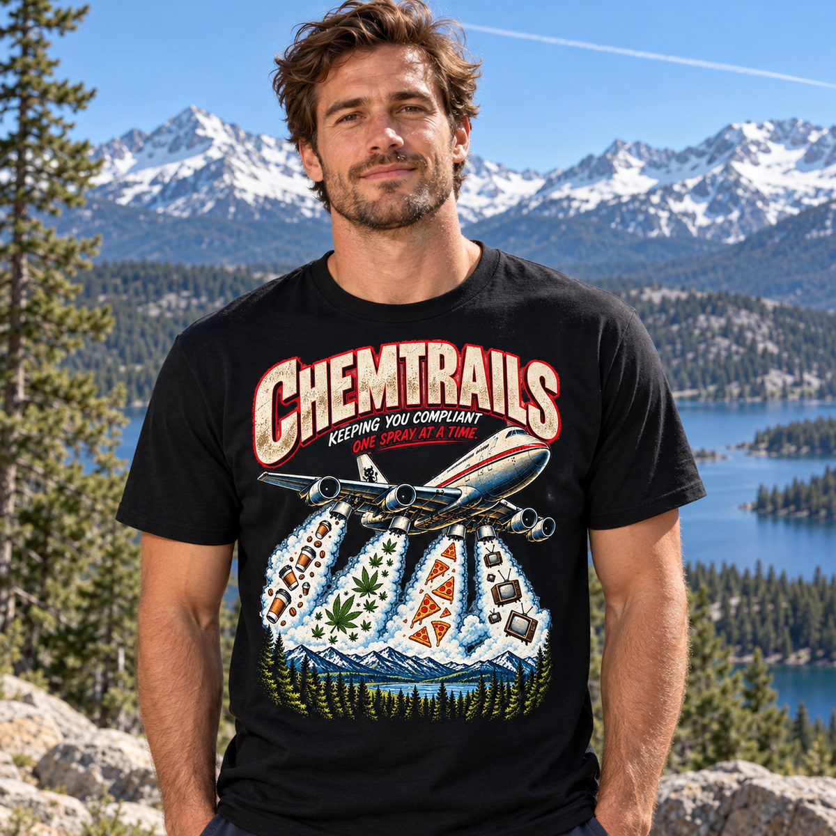 Man wearing the black CHEMTRAILS graphic shirt at a mountain lake overlook