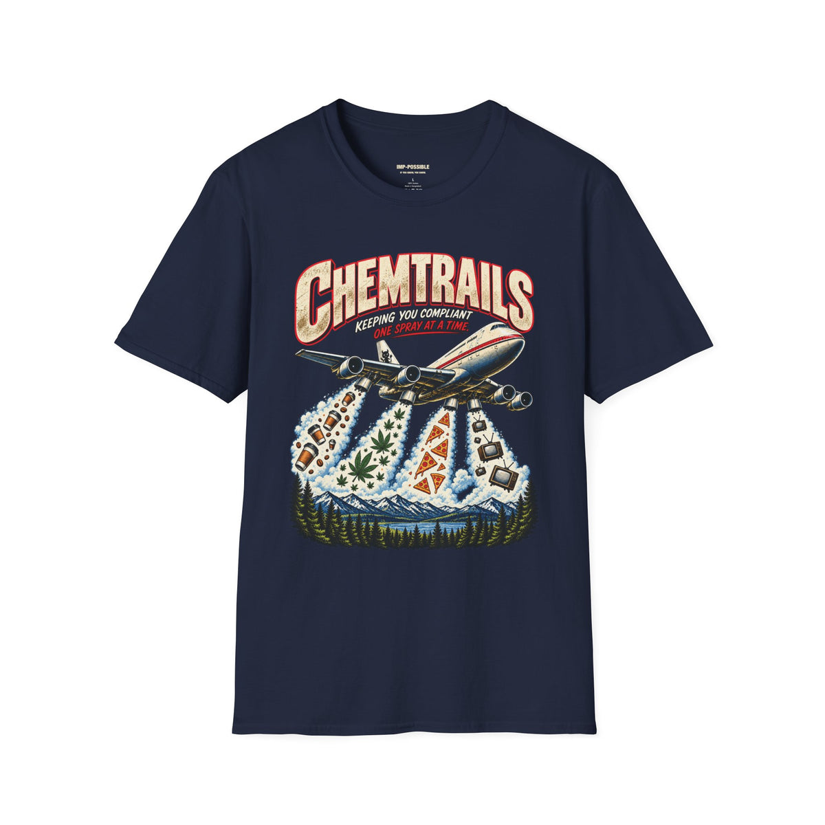Front view of the navy CHEMTRAILS graphic T-shirt