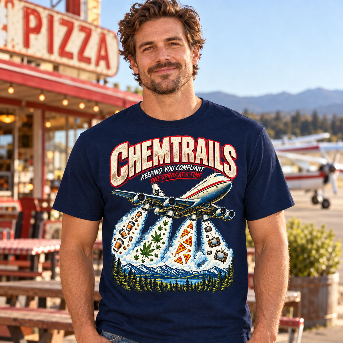 Man wearing the navy CHEMTRAILS graphic shirt outside a retro pizza cafe near an airfield