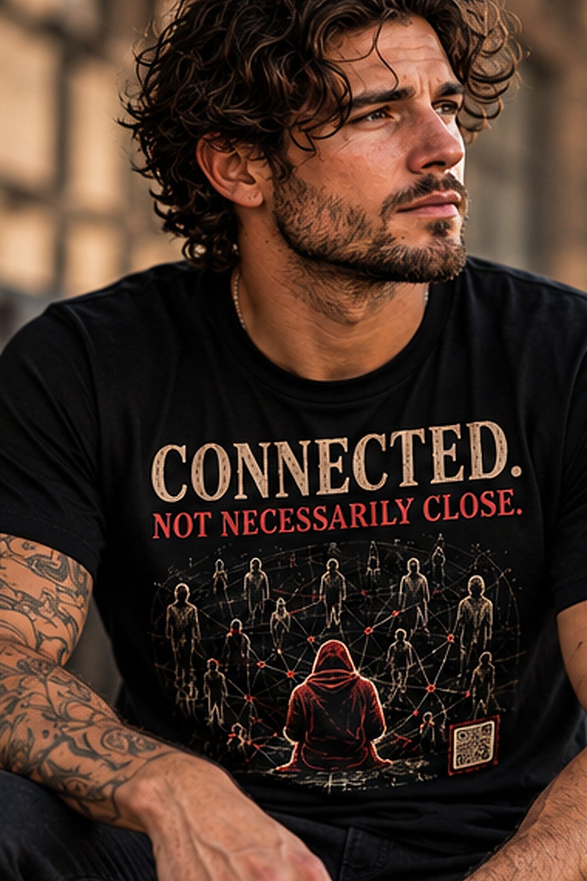 AI-generated lifestyle model wearing a Black Connected. Not Necessarily Close. tee; consult original Printify photos for exact artwork and QR.