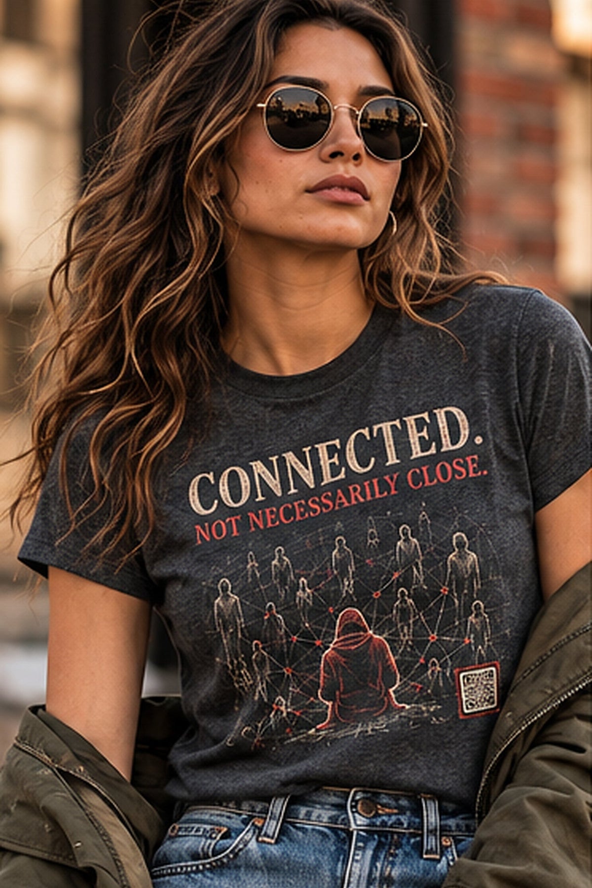 AI-generated woman wearing a Dark Heather Connected. Not Necessarily Close. shirt in urban lifestyle setting.