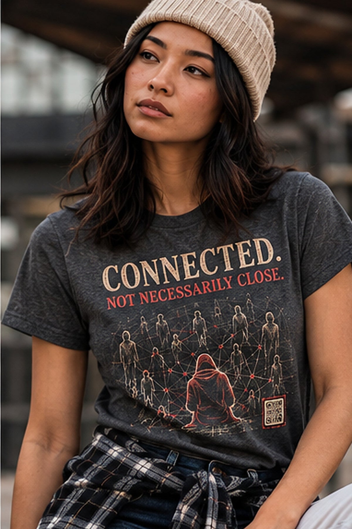 AI-generated woman wearing Graphite Heather Connected. Not Necessarily Close. tee; illustrative product lifestyle image.