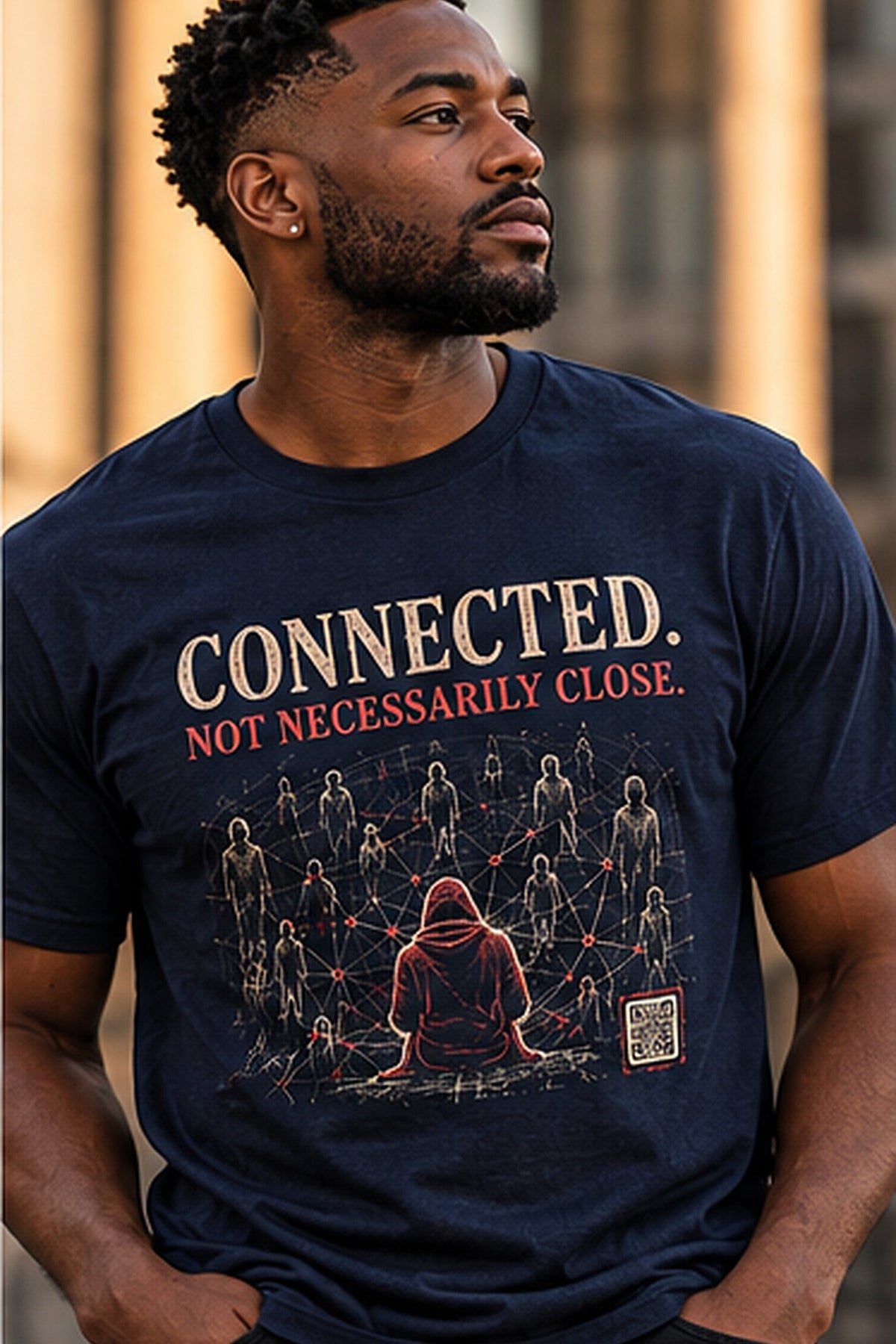 AI-generated man wearing the Navy Connected. Not Necessarily Close. graphic T-shirt; lifestyle mockup.