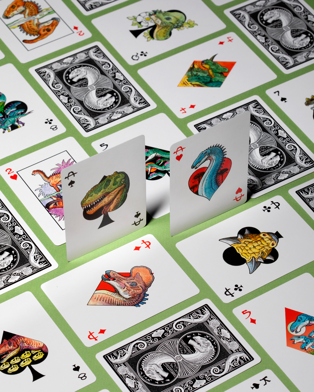 Dinosaur playing cards spread showing multiple illustrated dinosaur cards
