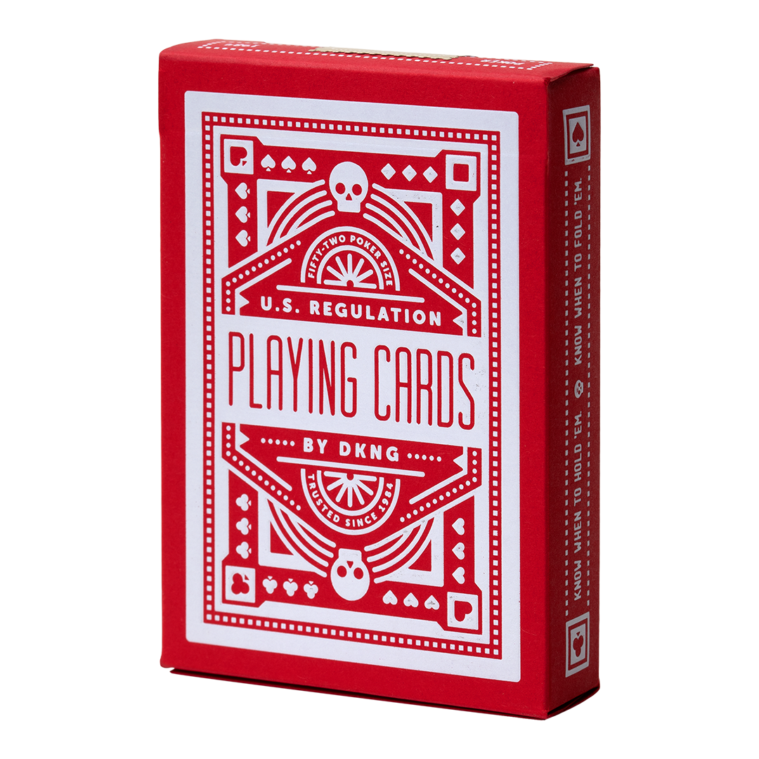 DKNG Red Wheels playing cards tuck box with bold red geometric design