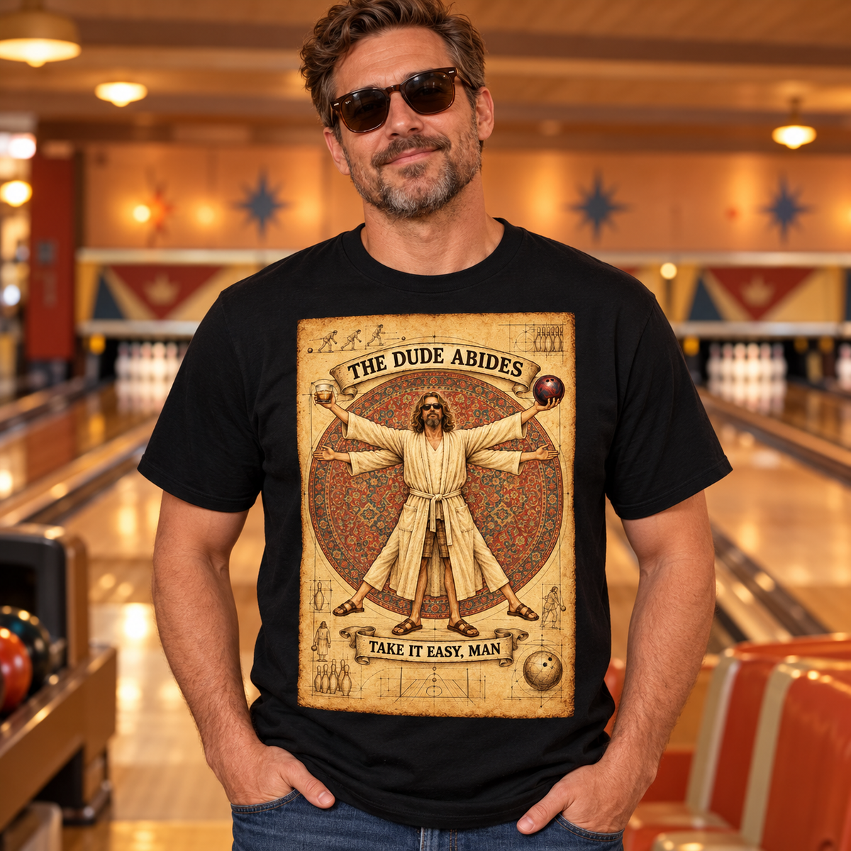 Man wearing the black The Dude Abides graphic T-shirt in a vintage bowling alley.