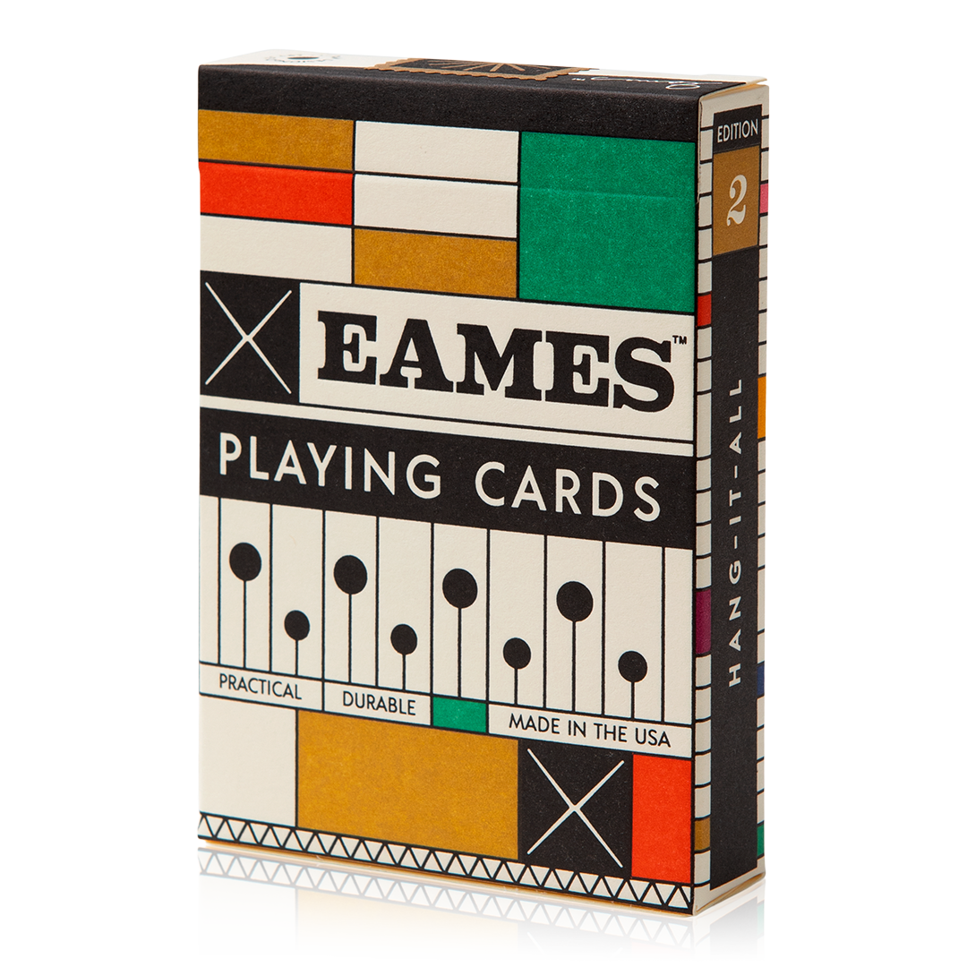 Front view of Eames Hang-It-All playing cards tuck box with midcentury modern design