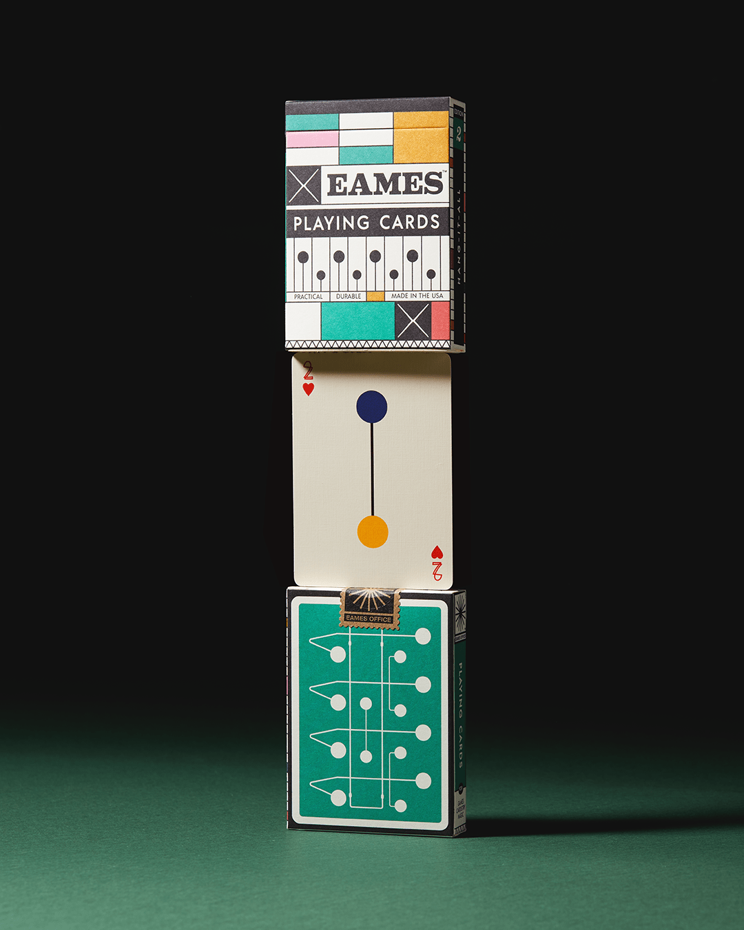Eames Hang-It-All playing cards tuck box in green with letterpress design