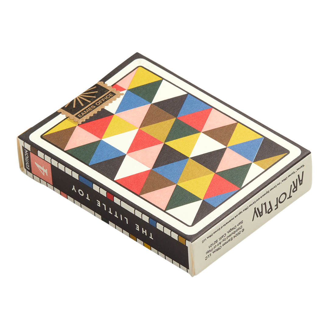 Back of Eames Little Toy playing cards tuck box by Art of Play with product details and design pattern