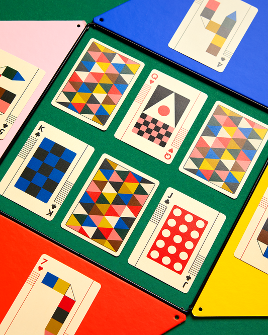 Eames Little Toy playing cards grid pattern by Art of Play featuring colorful geometric mid-century design