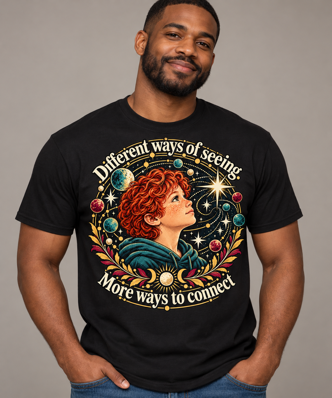 Lifestyle image of a Black man wearing the IMP-POSSIBLE celestial child T-shirt.