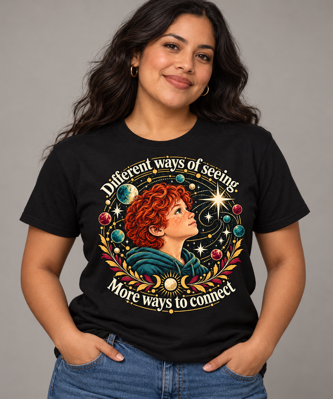 Lifestyle image of a Latina woman wearing the IMP-POSSIBLE celestial child T-shirt.