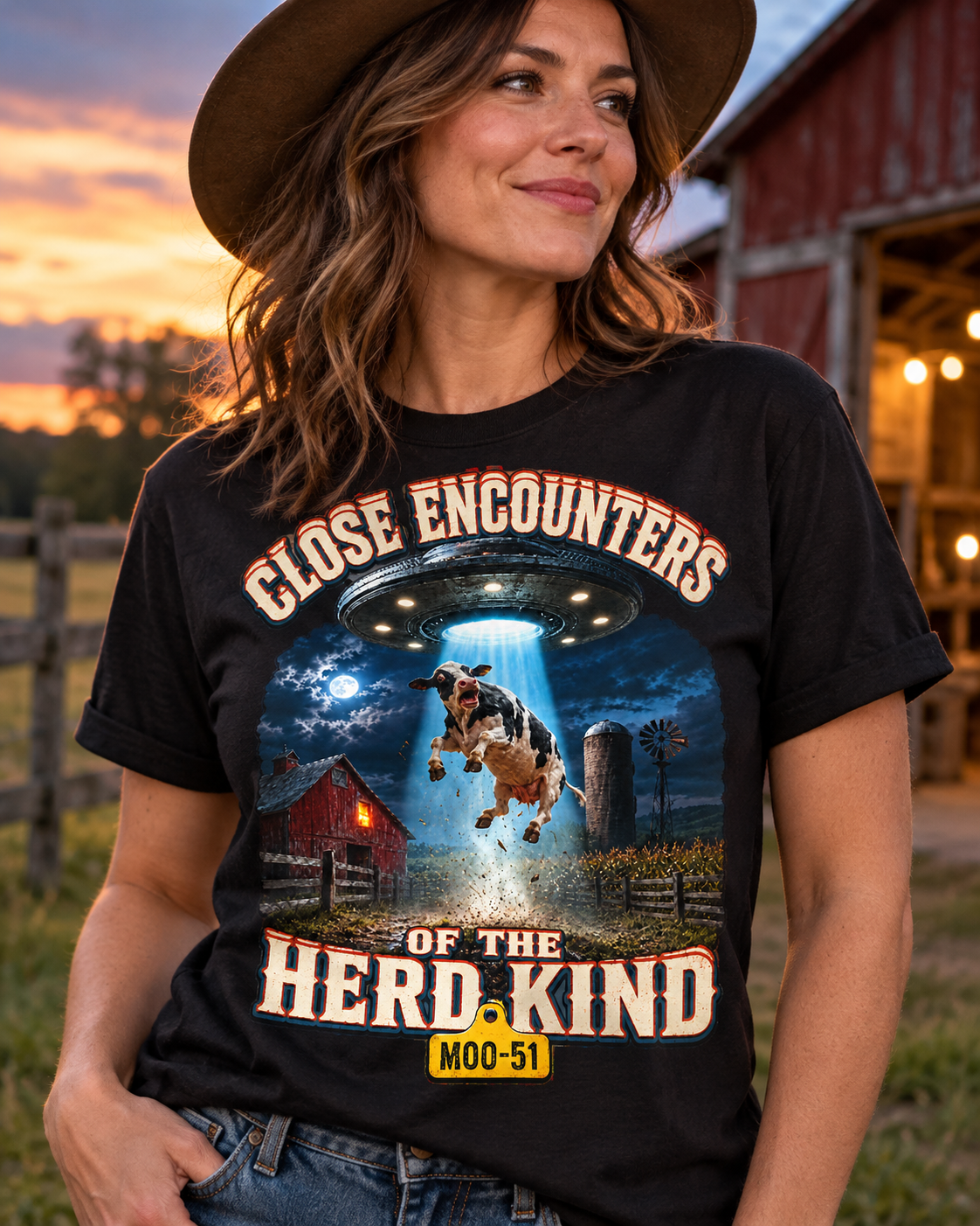Model wearing the Close Encounters of the Herd Kind UFO cow T-shirt