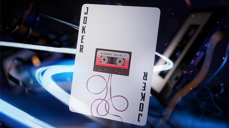 Guardians of the Galaxy playing cards Joker card by theory11 featuring a retro cassette tape design on a futuristic sci-fi background.