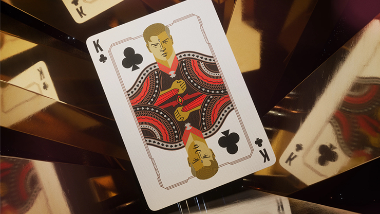 Guardians of the Galaxy playing cards by theory11 featuring a King of Clubs character card with cosmic red and gold design reflected on a metallic sci-fi surface.