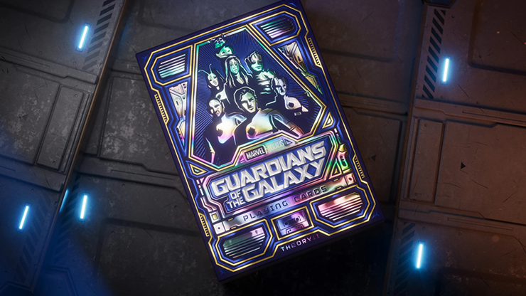 Guardians of the Galaxy playing cards by theory11 Marvel deck box featuring Star-Lord, Gamora, Rocket, Groot and Drax with holographic foil on a sci-fi metal background